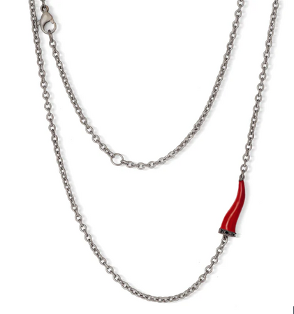 MANO J - COLLANA LINEA CHARMS CON CORNETTO IN TITANIO SMALTATO ROSSO, 5 DIAMANTI BLACK E CATENA