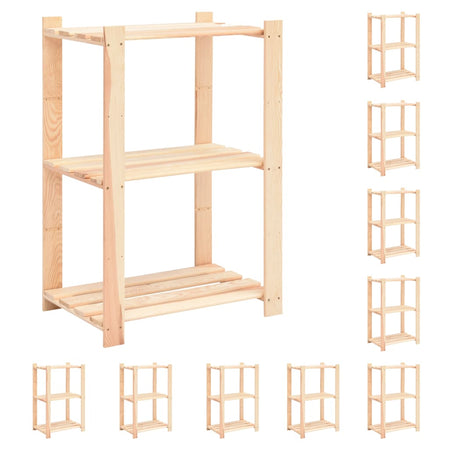 Scaffali a 3 Livelli 10 pz Organizer Casa 60x38x90 cm in Massello Pino 150 kg