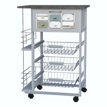 Carrello Cucina Porta Frutta Porta Bottiglie Portapane 3 cesti 57x37H83cm in Legno