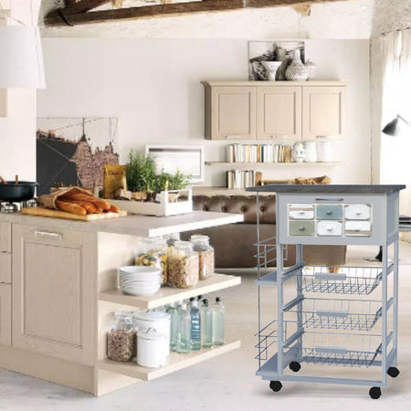 Carrello Cucina Porta Frutta Porta Bottiglie Portapane 3 cesti 57x37H83cm in Legno