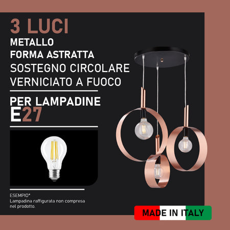 Lampadario Sospensione Metallo verniciato Stefy 3 Luci E27 Rame/Satinato