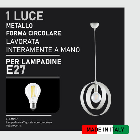 Lampadario Sospensione 1luce Metallo Verniciato Lavorato a Mano Bianco