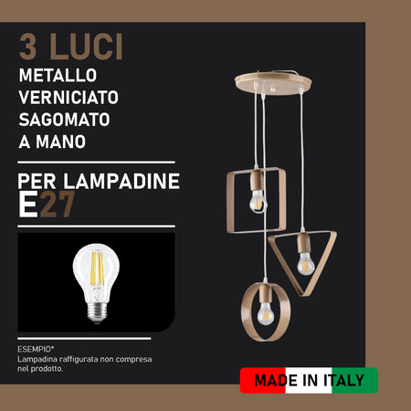 Lampadario 3Luci Metallo Verniciato e sagomato Moderno Altezza Regolabile Tortora