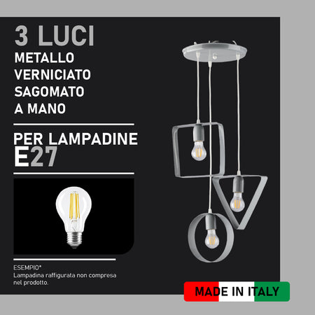Lampadario 3Luci Metallo Verniciato e sagomato Moderno Altezza Regolabile Grigio