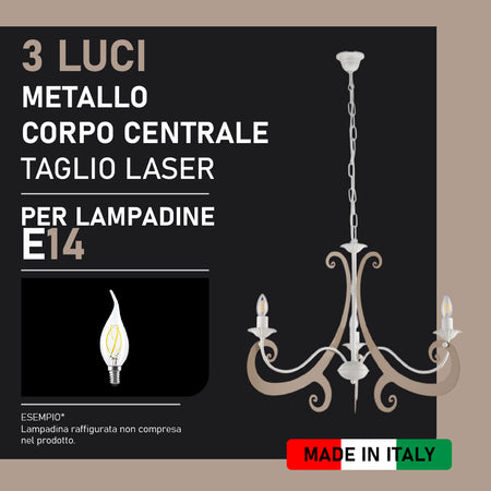 Lampadario Sospensione Metallo Verniciato Camilla 3 luci E14 Bianco/Tortora