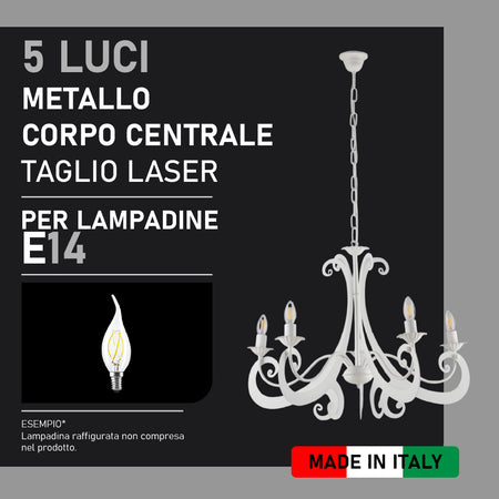 Lampadario Sospensione Metallo Verniciato Camilla 5 luci E14 Bianco