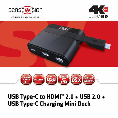 USB 3.0 Type-C to HDMI 2.0 + USB 2.0 Mini Dock, Cavo, USB 3.1 (3.1 Gen 2) Type-C, Nero
