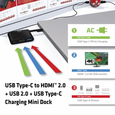 USB 3.0 Type-C to HDMI 2.0 + USB 2.0 Mini Dock, Cavo, USB 3.1 (3.1 Gen 2) Type-C, Nero