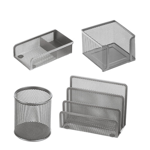 Set Scrivania 4 Accessori In Rete Metallica Argento 1424 Lebez