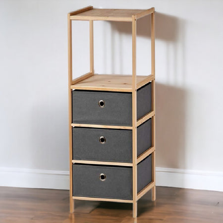 Mobile Cassettiera 2Mensole 3Cassetti Legno Naturale e Stoffa Grigio 32 x 26 H 89cm