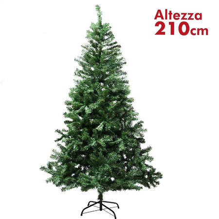 Albero Di Natale 210cm Rami Pino Verde Super Folto Base A Croce In Metallo