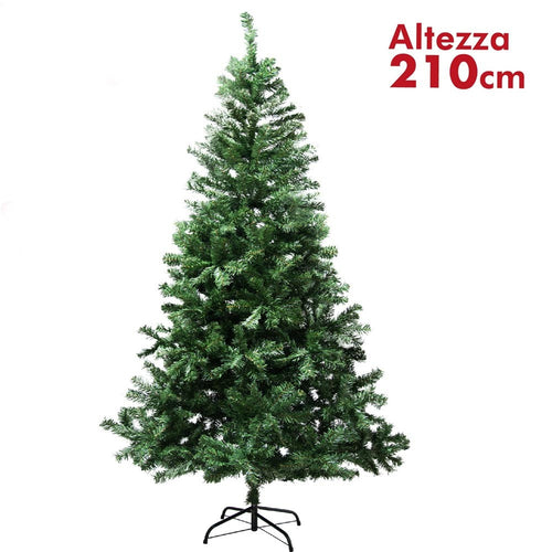 Albero Di Natale 210cm Rami Pino Verde Super Folto Base A Croce In Metallo