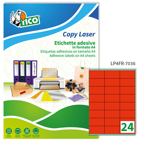 Etichetta Adesiva Lp4F Rosso Fluo 70Fg A4 70X36Mm (24Et/Fg Tico