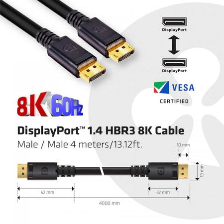 CLUB3D DISPLAYPORT 1.4 HBR3 CABLE MALE / MALE 4 METERS/13.12FT.8K @60HZ 24AWG - BLACK CONNECTOR