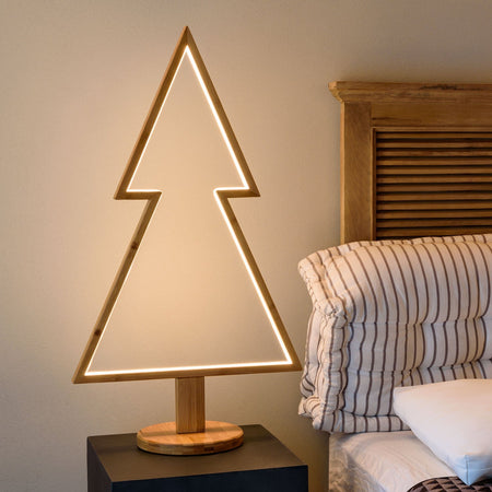 Abete triangolare luminoso con led bianco caldo e base in legno decorazione natalizia