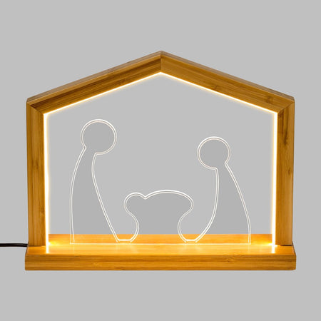 Natività in legno naturale luminosa con led a luce calda "Casetta" decorazione per interno