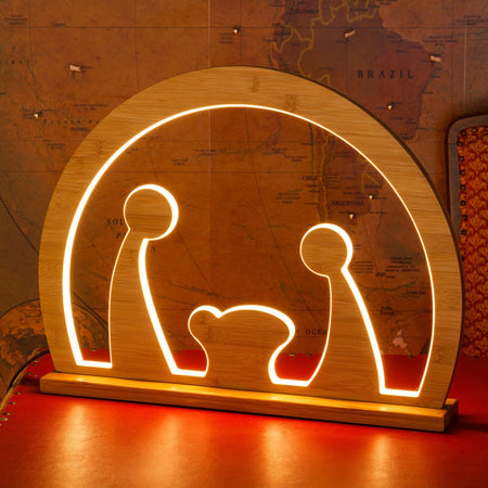 Natività in legno naturale luminosa con led a luce calda "Grotta" decorazione per interno