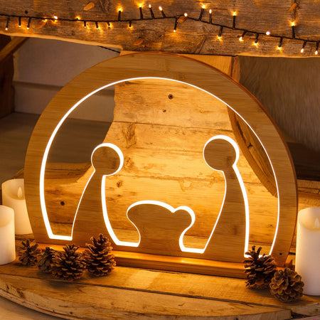 Natività in legno naturale luminosa con led a luce calda "Grotta" decorazione per interno