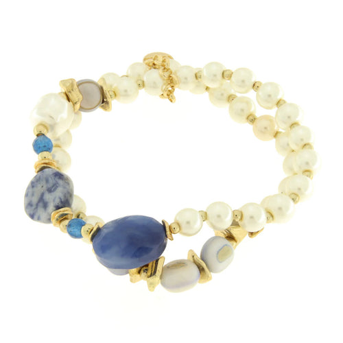 BYSIMON - Bracciale in Metallo multifilo con perle bianche e pietre blu