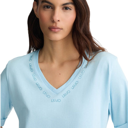 Liu Jo t-shirt celeste scollo a V con strass TA5175JS923 M9490 T-shirt Liu Jo