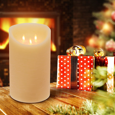 Candela luminosa in cera ruvida avorio con 3 fiamme h 25 cm con timer decorazione natalizia