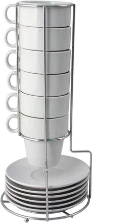 COLUMBUS - SET 6 TAZZE IMPILABILI CON PIATTO IN CERAMICA COLOR BIANCO CON SUPPORTO METALLICO