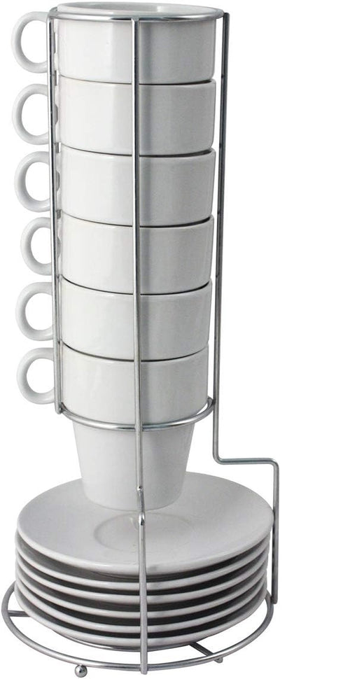 COLUMBUS - SET 6 TAZZE IMPILABILI CON PIATTO IN CERAMICA COLOR BIANCO CON SUPPORTO METALLICO