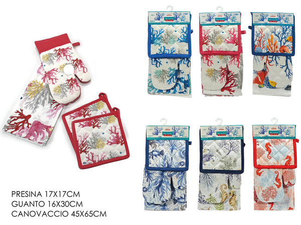 Set con 2 Presine, 1 Guanto e 1 Strofinaccio con Decorazione Pesci e Corallo