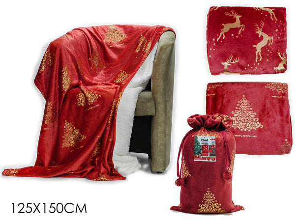 Plaid Rosso con Ricami Oro con Sacco