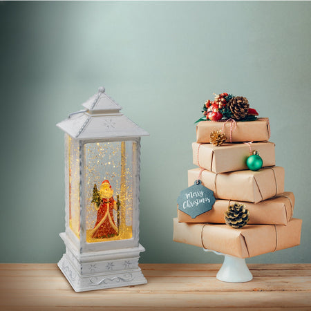 Palla di vetro con neve a forma di Lanterna natalizia con babbo natale a led h 27 cm