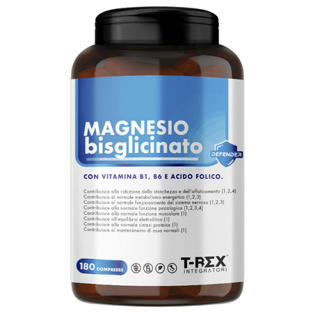 T-Rex Integratori Magnesio Bisglicinato 375mg con Vitamina B6, B1 e Acido Folico - 180 compresse - Sistema nervoso, Energia, Muscoli e Ossa