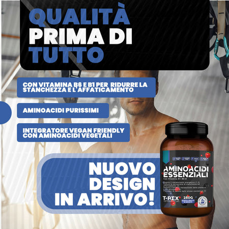 Eaa aminoacidi essenziali con mix di vitamine b1, b6 ed e - integratore di amminoacidi naturali vegan ottenuti da fermentazione t-rex integratori (polvere, frutti di bosco)