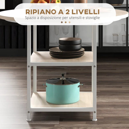 Tavolo da Pranzo per 4-6 Persone con 2 Ripiani Integrati, in Acciaio e MDF, Ø100x76 cm, Bianco e Rovere QS683A-050V80AKQS6
