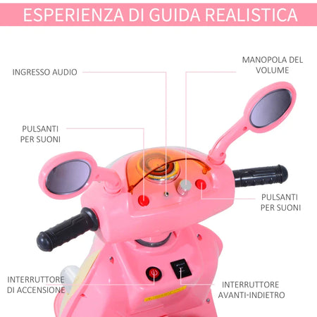 Motorino Elettrico per Bambini 3 Anni+ Max. 25kg con Luci, Musica, Batteria 6V e Velocità 3km/h, 108x51x75 cm, Rosa QA4370-013QA4