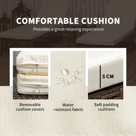 Set 2 Lettini Prendisole con Cuscini Imbottiti e Tavolino in Rattan PE, Marrone e Beige 862-068V00MB