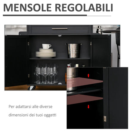 Carrello da Cucina con Cassetti, Portaspezie e Armadietto, Carrello da Portata con 4 Ruote e Piano di Lavoro in Legno, 109x40x89cm, Nero YH9801-178BKYH9