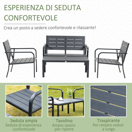Set Salotto da Giardino da 4 Pezzi con Panchina a 2 Posti, 2 Poltrone e Tavolino, Grigio Scuro 84B-644