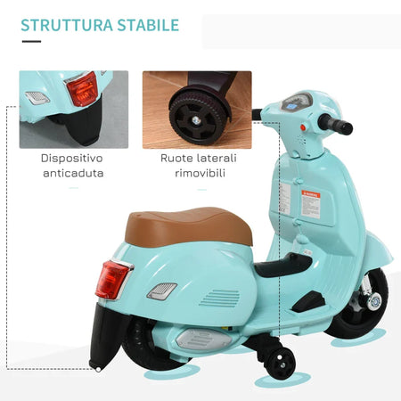 Moto Elettrica per Bambini con Licenza Ufficiale Vespa Batteria 6V, Fari e Clacson, per Bimbi da 18-36 mesi, Verde, 66.5x38x52cm MN7370-138GNMN7