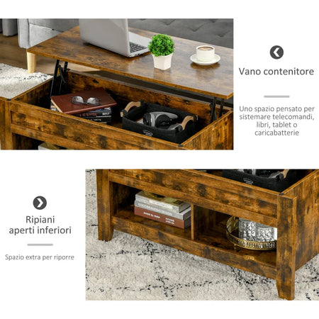 Tavolino da Salotto con Contenitore e Piano che si alza , in Legno 105x50x50 Marrone Rustico TF9839-135CFTF9 , soggiorno basso nero bianco grgio design moderno sala moderno alto divano camera legno vetro rotondo