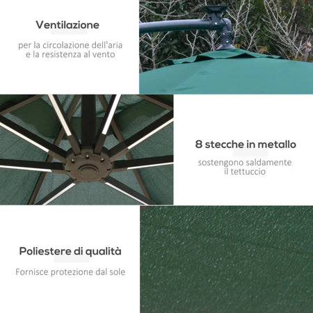 Ombrellone da Giardino Ø3x2.5 m a Braccio con Manovella e 8 Strisce LED a Energia Solare, Verde  84D-066GN