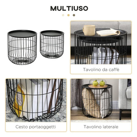 Set 2 Tavolini da Salotto con Contenitore Nero WL4839-738V00BKWL4 ,  soggiorno salotto basso nero bianco marrone grgio design moderno sala moderno alto divano camera legno vetro rotondo