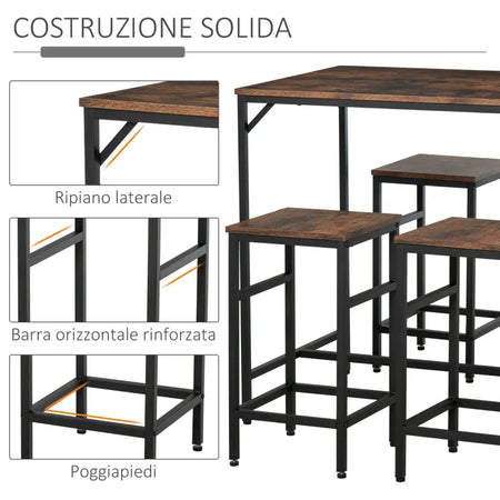 Set Tavolo Alto con 4 Sgabelli Stile Industriale in Metallo e Legno, Arredamento Moderno Soggiorno e Cucina, Marrone Rustico LR6835-337LR6