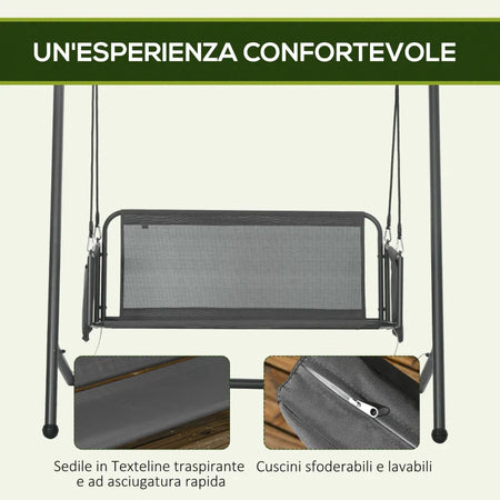 Dondolo da Giardino 2 Posti con Cuscini e Tasche, in Acciaio e Textilene, 168x117x181 cm, Grigio Scuro 84A-332V00CG