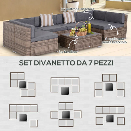 Salotto da Giardino in Rattan da 7 Pezzi con Tavolino e Divano Modulabile con Cuscini, Grigio 860-020V03