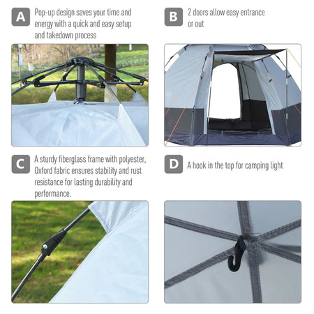 Tenda da Campeggio 2 Posti con Apertura Automatica e Accessori, in Acciaio e Tessuto Oxford, Grigia e Nera RG3A20-128RG3