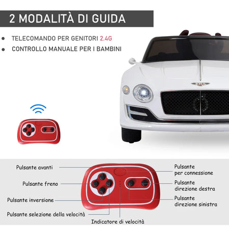 Macchina Elettrica per Bambini Bentley con 2 Portiere Guida Manuale e Telecomando, Fari e Suoni, 108x60x43cm, Bianco FG4370-045FG4