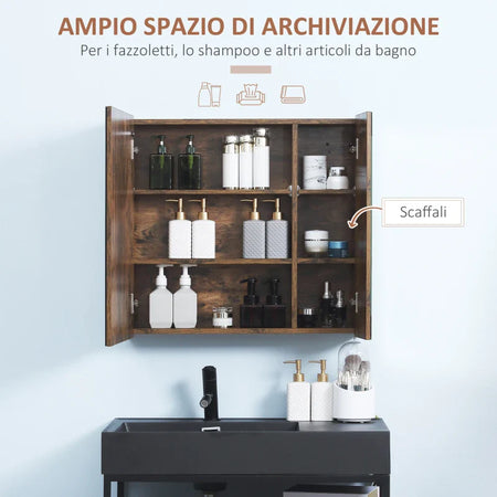 Specchiera Bagno con Luci LED Regolabili, 2 Ante e Mensola Regolabile, 70x15x65cm, Marrone YH9834-442YH9