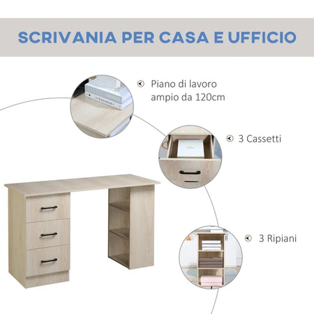 Scrivania PC Moderna per Camera con 3 Cassetti e 3 Scaffali in Legno per Casa e Ufficio 120x49x72cm VQ1836-068V01NDVQ1