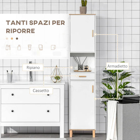 Mobile Salvaspazio Bagno in Legno Bianco, Mobile a Colonna con Armadietti e Cassetto 39x30x180cm QA2834-312QA2