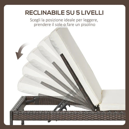 3pz Componibile 2 Lettino Prendisole da Giardino (60 x 195 x 86cm) e 1 Tavolino (121 x 40 x 50cm) Rattan con Materassini, Marrone e Bianco Crema 862-022BN